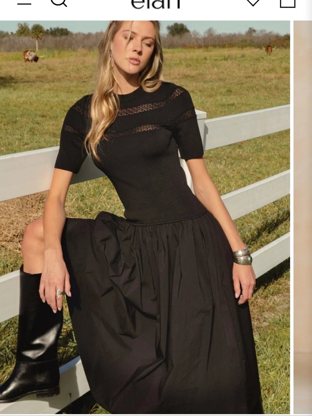 Elan Black Midi Dress with Knit Bodice and Gathered Skirt, NWT, L